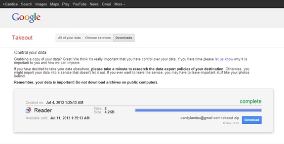 Google Takeout - download Google Reader Data